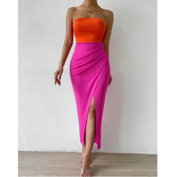 Boho color block slit thigh tube dress - Picture 3 of 7